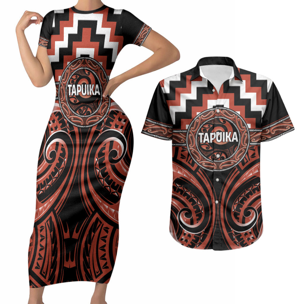 Aotearoa Tapuika Personalised Couples Matching Short Sleeve Bodycon Dress and Hawaiian Shirt Maori Iwi Poutama Puhoro Tattoo LT14 Red - Polynesian Pride