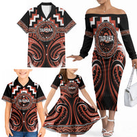 Aotearoa Tapuika Personalised Family Matching Off The Shoulder Long Sleeve Dress and Hawaiian Shirt Maori Iwi Poutama Puhoro Tattoo LT14 - Polynesian Pride
