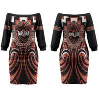 Aotearoa Tapuika Personalised Family Matching Off The Shoulder Long Sleeve Dress and Hawaiian Shirt Maori Iwi Poutama Puhoro Tattoo LT14 Mom's Dress Red - Polynesian Pride