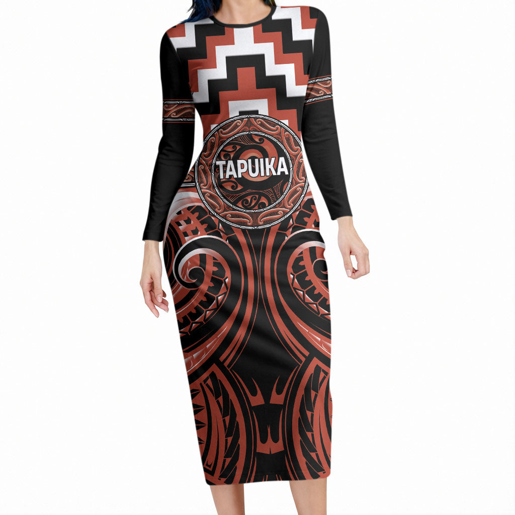 Aotearoa Tapuika Personalised Long Sleeve Bodycon Dress Maori Iwi Poutama Puhoro Tattoo LT14 Long Dress Red - Polynesian Pride
