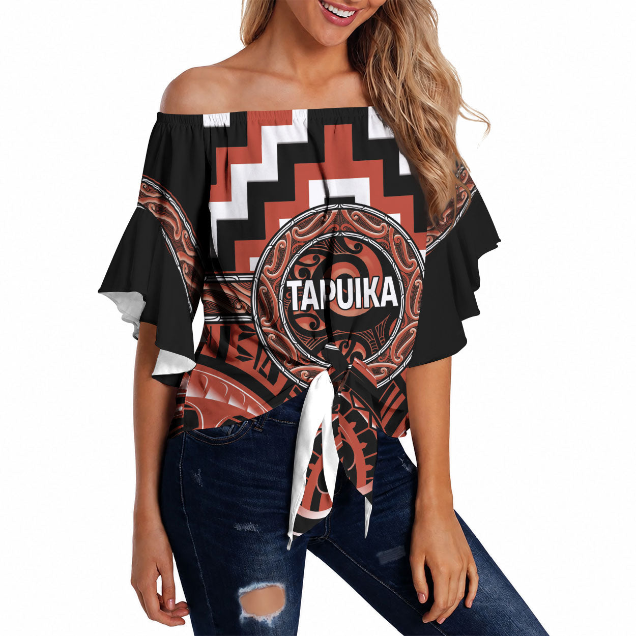 Aotearoa Tapuika Personalised Off Shoulder Wrap Waist Top Maori Iwi Poutama Puhoro Tattoo LT14 Red - Polynesian Pride