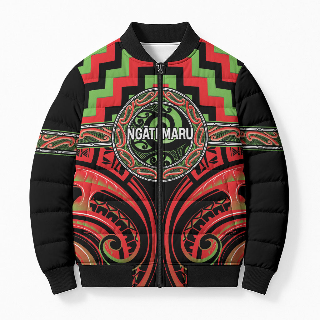 Aotearoa Ngati Maru Personalised Bomber Puffer Jacket Maori Iwi Poutama Puhoro Tattoo LT14 Unisex Red - Polynesian Pride
