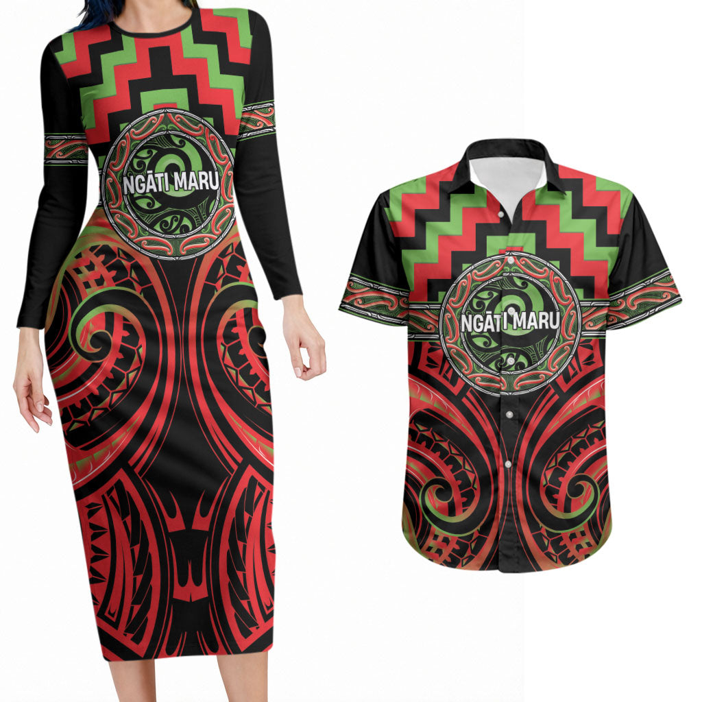 Aotearoa Ngati Maru Personalised Couples Matching Long Sleeve Bodycon Dress and Hawaiian Shirt Maori Iwi Poutama Puhoro Tattoo LT14 Red - Polynesian Pride