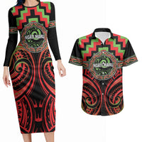 Aotearoa Ngati Maru Personalised Couples Matching Long Sleeve Bodycon Dress and Hawaiian Shirt Maori Iwi Poutama Puhoro Tattoo LT14 Red - Polynesian Pride