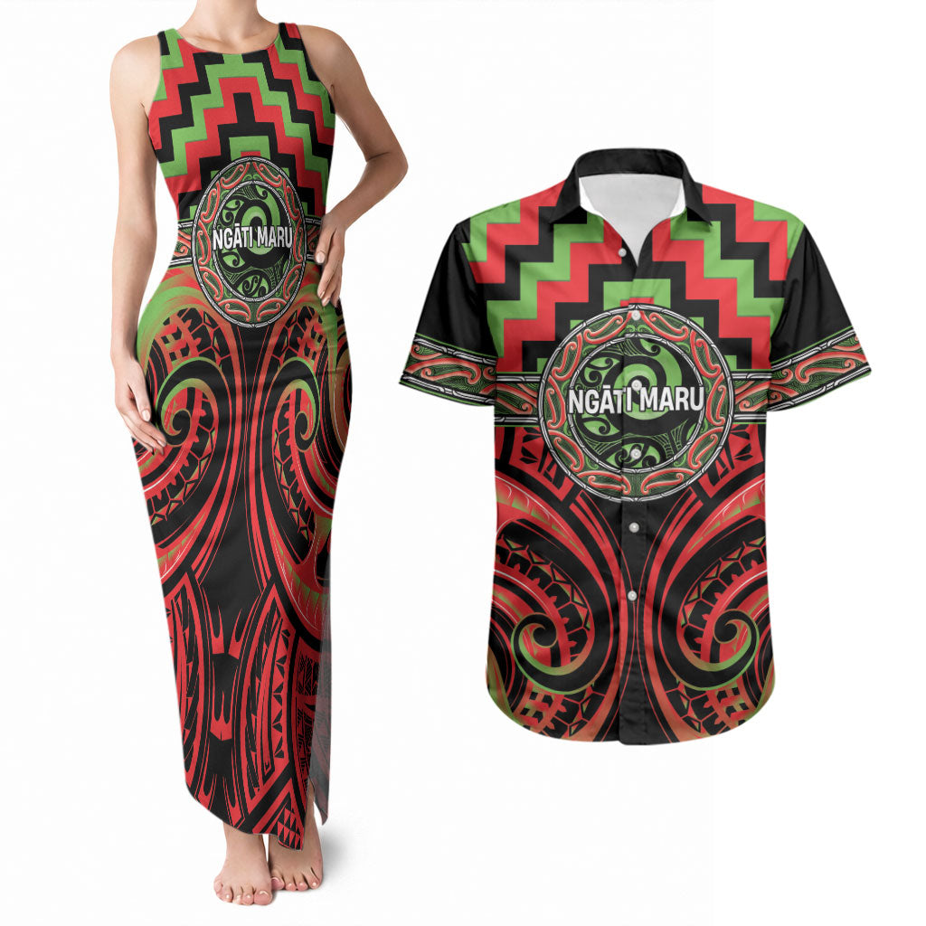 Aotearoa Ngati Maru Personalised Couples Matching Tank Maxi Dress and Hawaiian Shirt Maori Iwi Poutama Puhoro Tattoo LT14 Red - Polynesian Pride