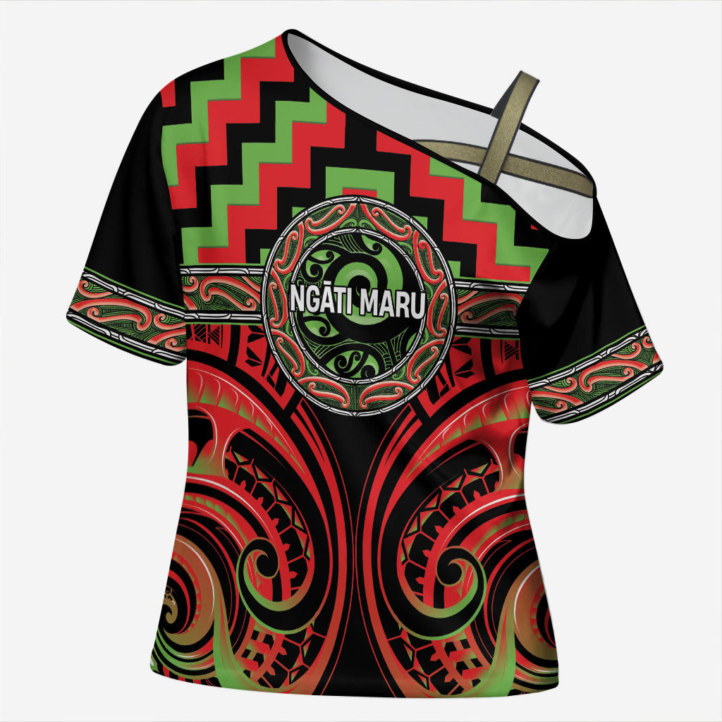 Aotearoa Ngati Maru Personalised Cross Shoulder Shirt Maori Iwi Poutama Puhoro Tattoo LT14 Female Red - Polynesian Pride