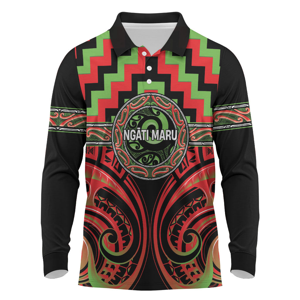 Aotearoa Ngati Maru Personalised Long Sleeve Polo Shirt Maori Iwi Poutama Puhoro Tattoo LT14 Red - Polynesian Pride