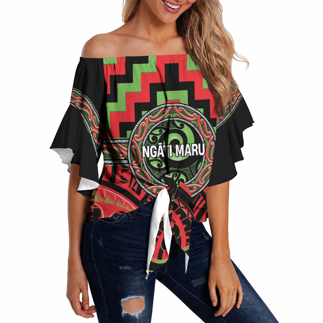 Aotearoa Ngati Maru Personalised Off Shoulder Wrap Waist Top Maori Iwi Poutama Puhoro Tattoo LT14 Red - Polynesian Pride