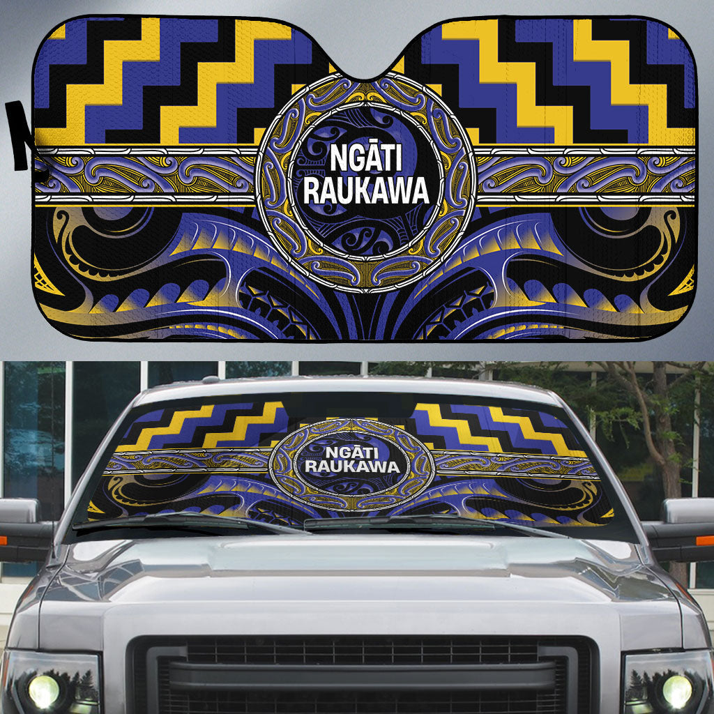 Aotearoa Ngati Raukawa Auto Sun Shade Maori Iwi Poutama Puhoro Tattoo LT14 Blue - Polynesian Pride