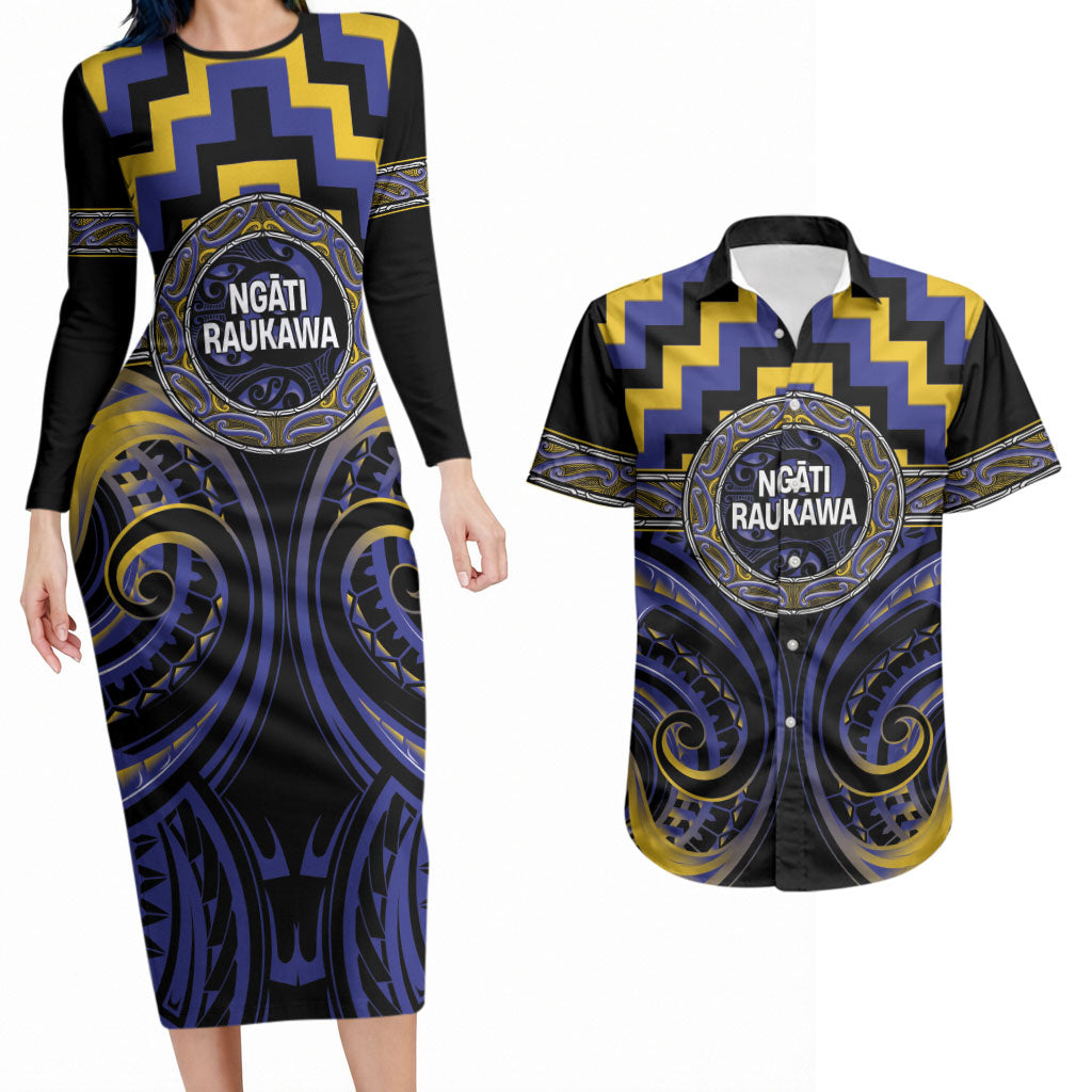 Aotearoa Ngati Raukawa Personalised Couples Matching Long Sleeve Bodycon Dress and Hawaiian Shirt Maori Iwi Poutama Puhoro Tattoo LT14 Blue - Polynesian Pride