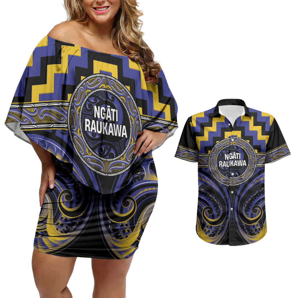 Aotearoa Ngati Raukawa Personalised Couples Matching Off Shoulder Short Dress and Hawaiian Shirt Maori Iwi Poutama Puhoro Tattoo LT14 Blue - Polynesian Pride