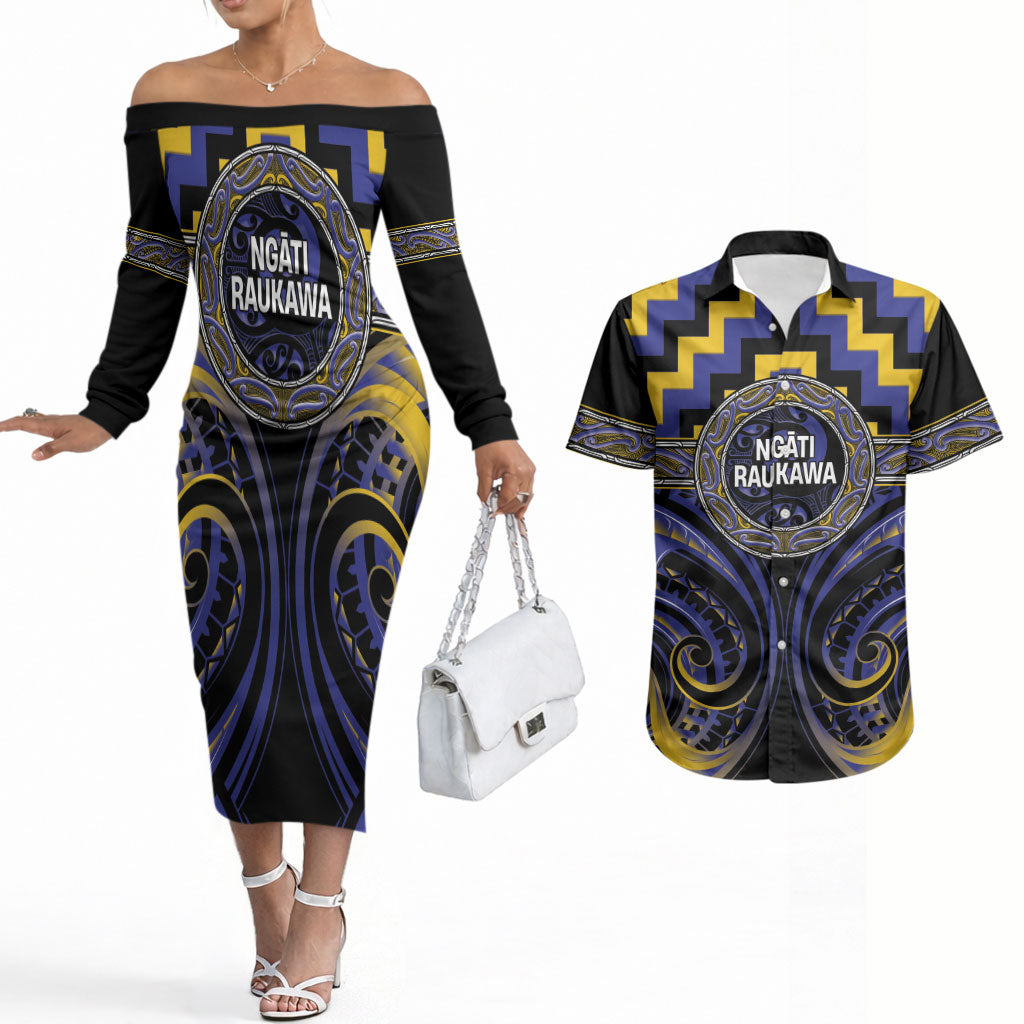Aotearoa Ngati Raukawa Personalised Couples Matching Off The Shoulder Long Sleeve Dress and Hawaiian Shirt Maori Iwi Poutama Puhoro Tattoo LT14 Blue - Polynesian Pride