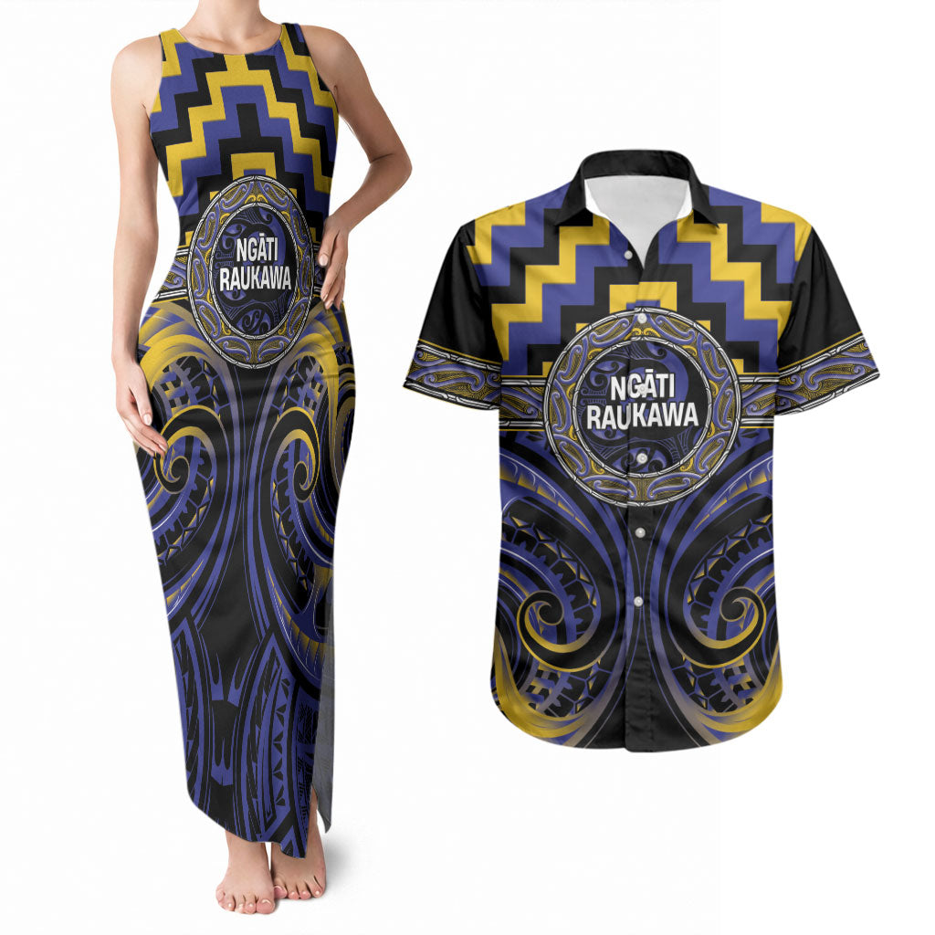 Aotearoa Ngati Raukawa Personalised Couples Matching Tank Maxi Dress and Hawaiian Shirt Maori Iwi Poutama Puhoro Tattoo LT14 Blue - Polynesian Pride