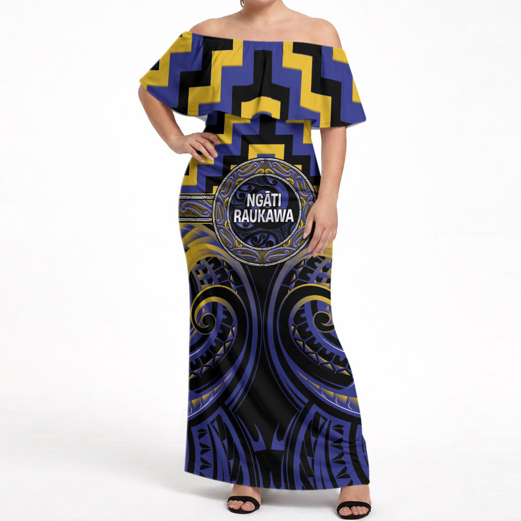 Aotearoa Ngati Raukawa Personalised Off Shoulder Maxi Dress Maori Iwi Poutama Puhoro Tattoo LT14 Women Blue - Polynesian Pride