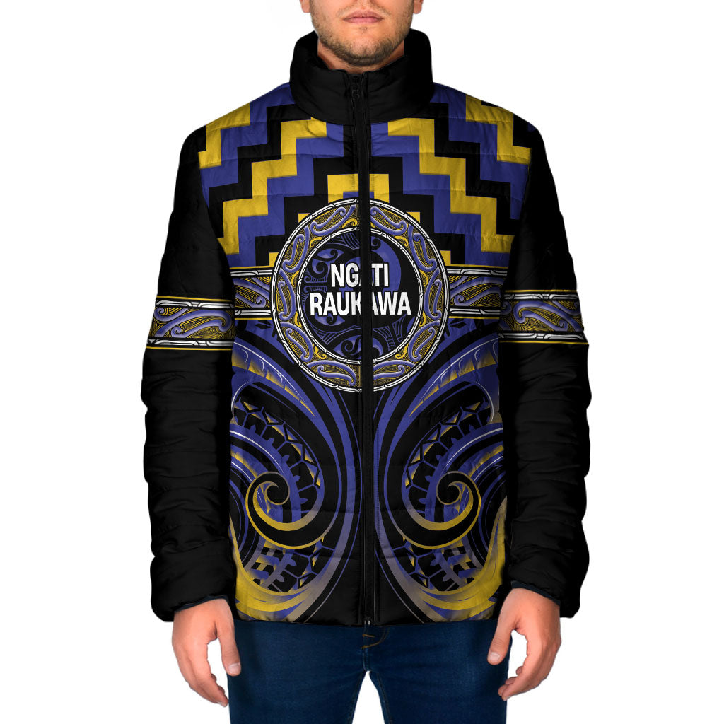 Aotearoa Ngati Raukawa Personalised Padded Jacket Maori Iwi Poutama Puhoro Tattoo LT14 Men Blue - Polynesian Pride