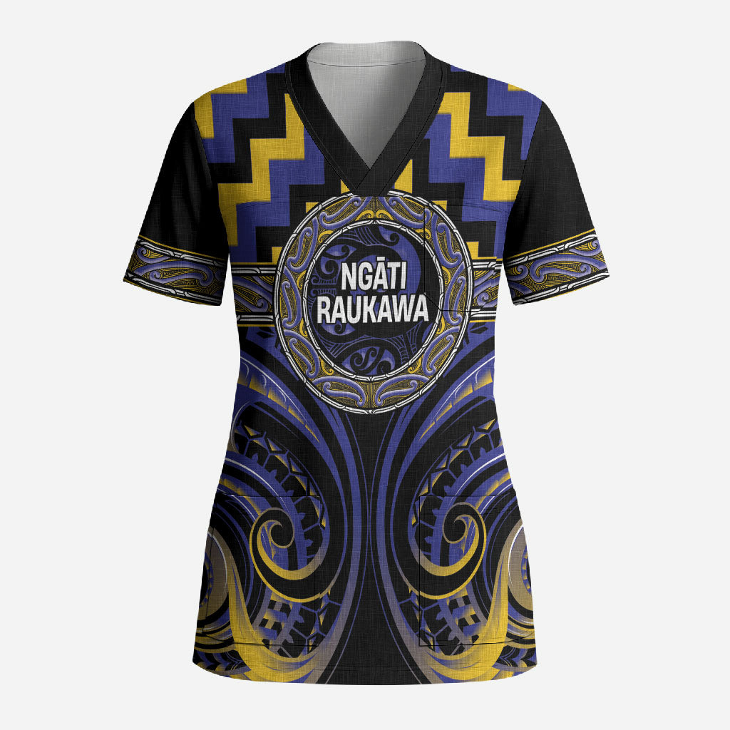 Aotearoa Ngati Raukawa Personalised Scrub Top Maori Iwi Poutama Puhoro Tattoo LT14 Adult Blue - Polynesian Pride