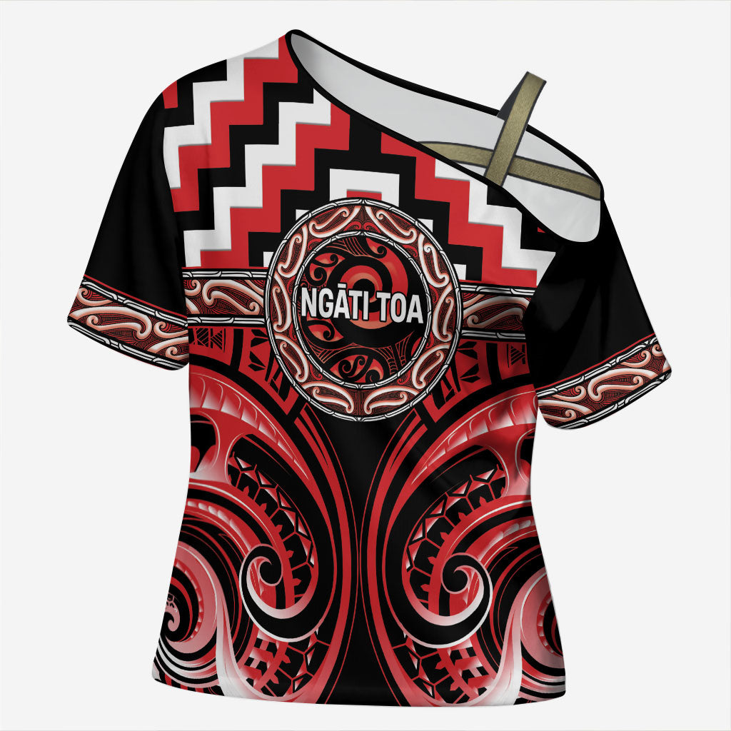 Aotearoa Ngati Toa Personalised Cross Shoulder Shirt Maori Iwi Poutama Puhoro Tattoo LT14 Female Red - Polynesian Pride