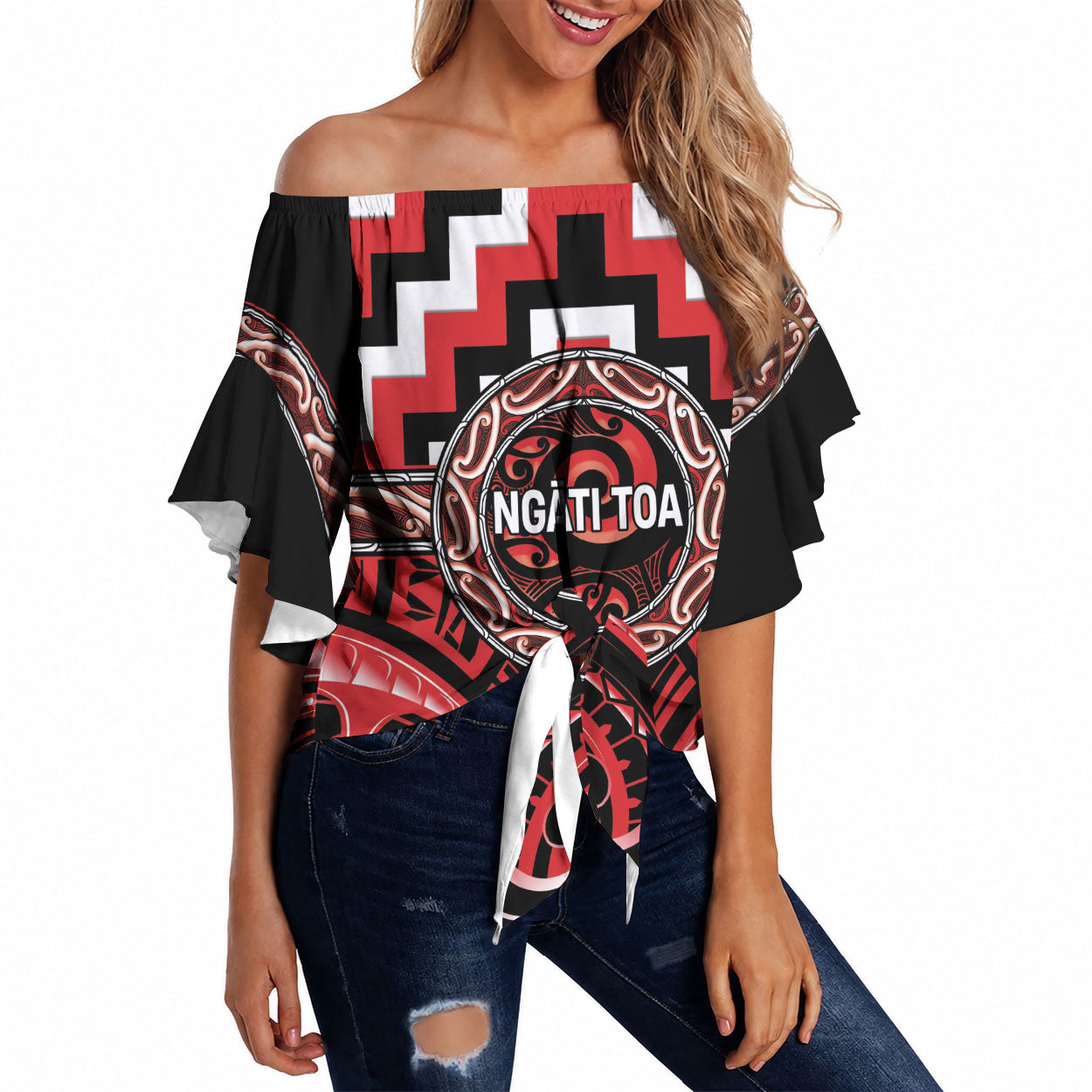 Aotearoa Ngati Toa Personalised Off Shoulder Wrap Waist Top Maori Iwi Poutama Puhoro Tattoo LT14 Red - Polynesian Pride