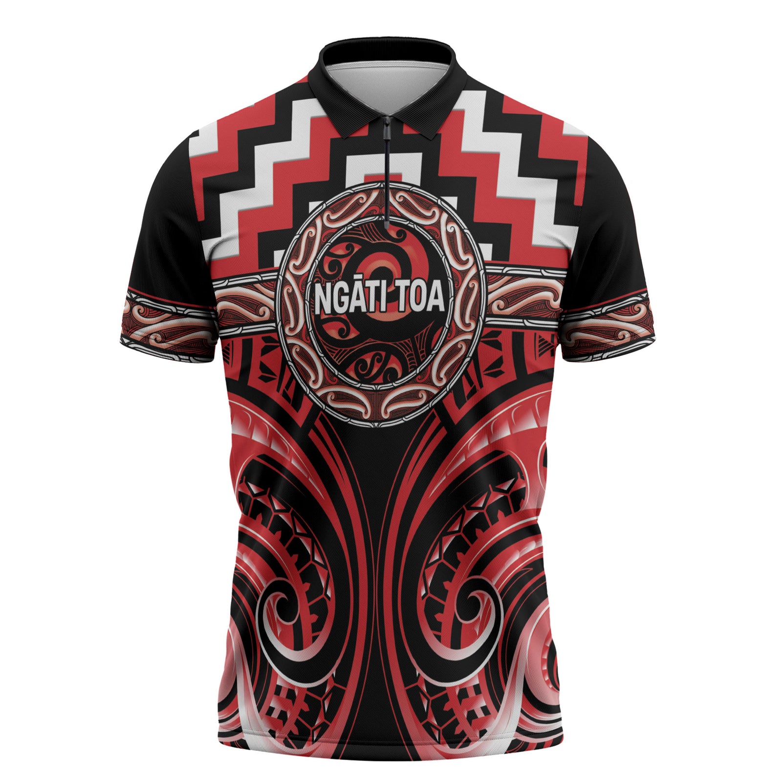 Aotearoa Ngati Toa Personalised Zipper Polo Shirt Maori Iwi Poutama Puhoro Tattoo LT14 Red - Polynesian Pride