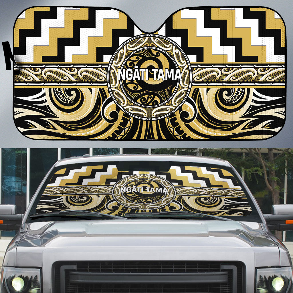 Aotearoa Ngati Tama Auto Sun Shade Maori Iwi Poutama Puhoro Tattoo LT14 Yellow - Polynesian Pride