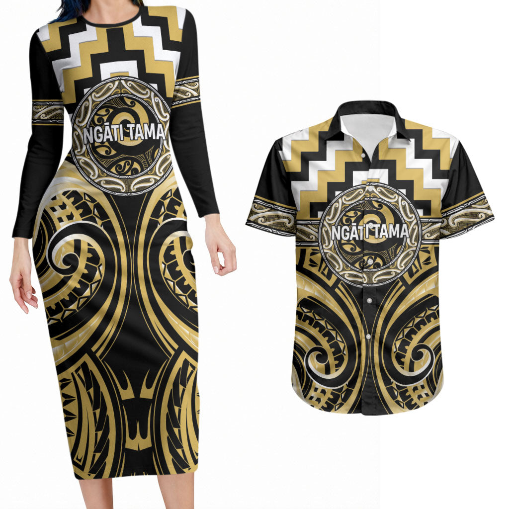 Aotearoa Ngati Tama Personalised Couples Matching Long Sleeve Bodycon Dress and Hawaiian Shirt Maori Iwi Poutama Puhoro Tattoo LT14 Yellow - Polynesian Pride