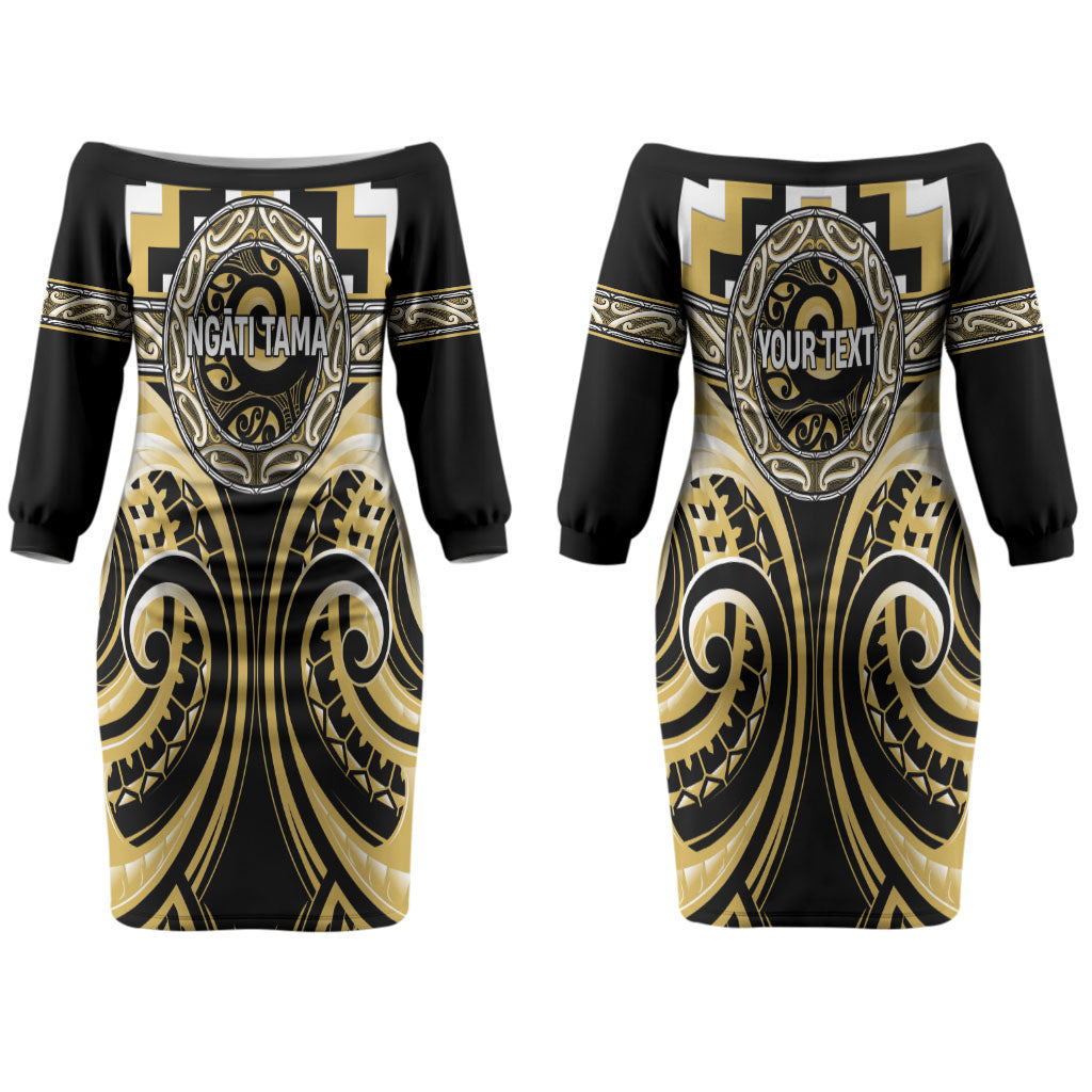Aotearoa Ngati Tama Personalised Couples Matching Off The Shoulder Long Sleeve Dress and Long Sleeve Button Shirt Maori Iwi Poutama Puhoro Tattoo LT14 - Polynesian Pride