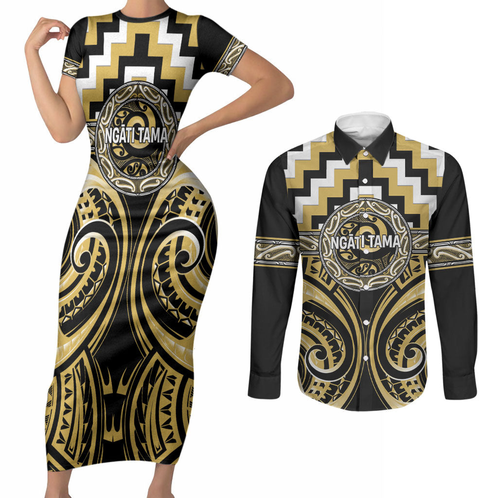 Aotearoa Ngati Tama Personalised Couples Matching Short Sleeve Bodycon Dress and Long Sleeve Button Shirt Maori Iwi Poutama Puhoro Tattoo LT14 Yellow - Polynesian Pride