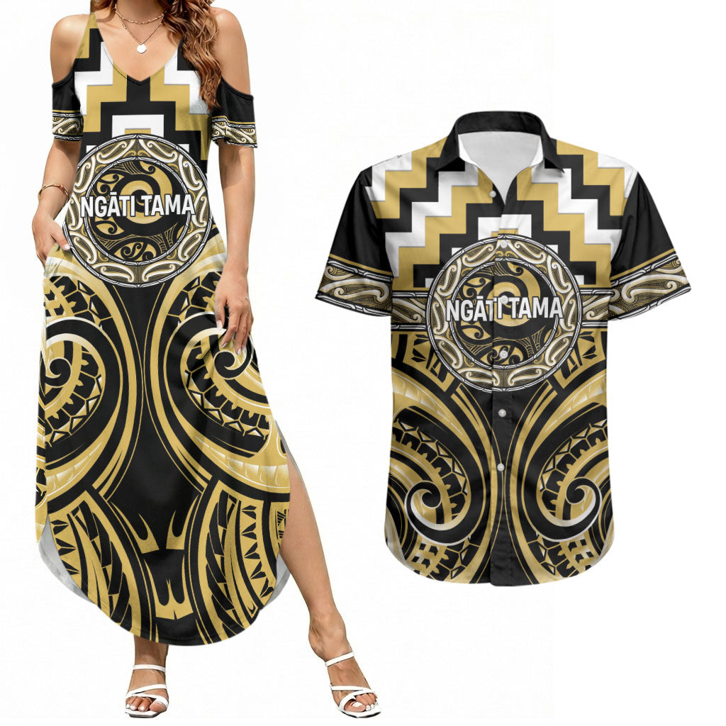 Aotearoa Ngati Tama Personalised Couples Matching Summer Maxi Dress and Hawaiian Shirt Maori Iwi Poutama Puhoro Tattoo LT14 Yellow - Polynesian Pride