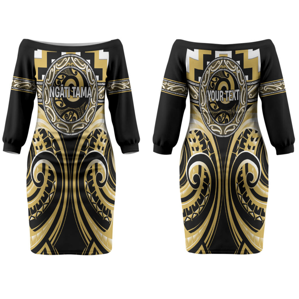 Aotearoa Ngati Tama Personalised Family Matching Off The Shoulder Long Sleeve Dress and Hawaiian Shirt Maori Iwi Poutama Puhoro Tattoo LT14 Mom's Dress Yellow - Polynesian Pride