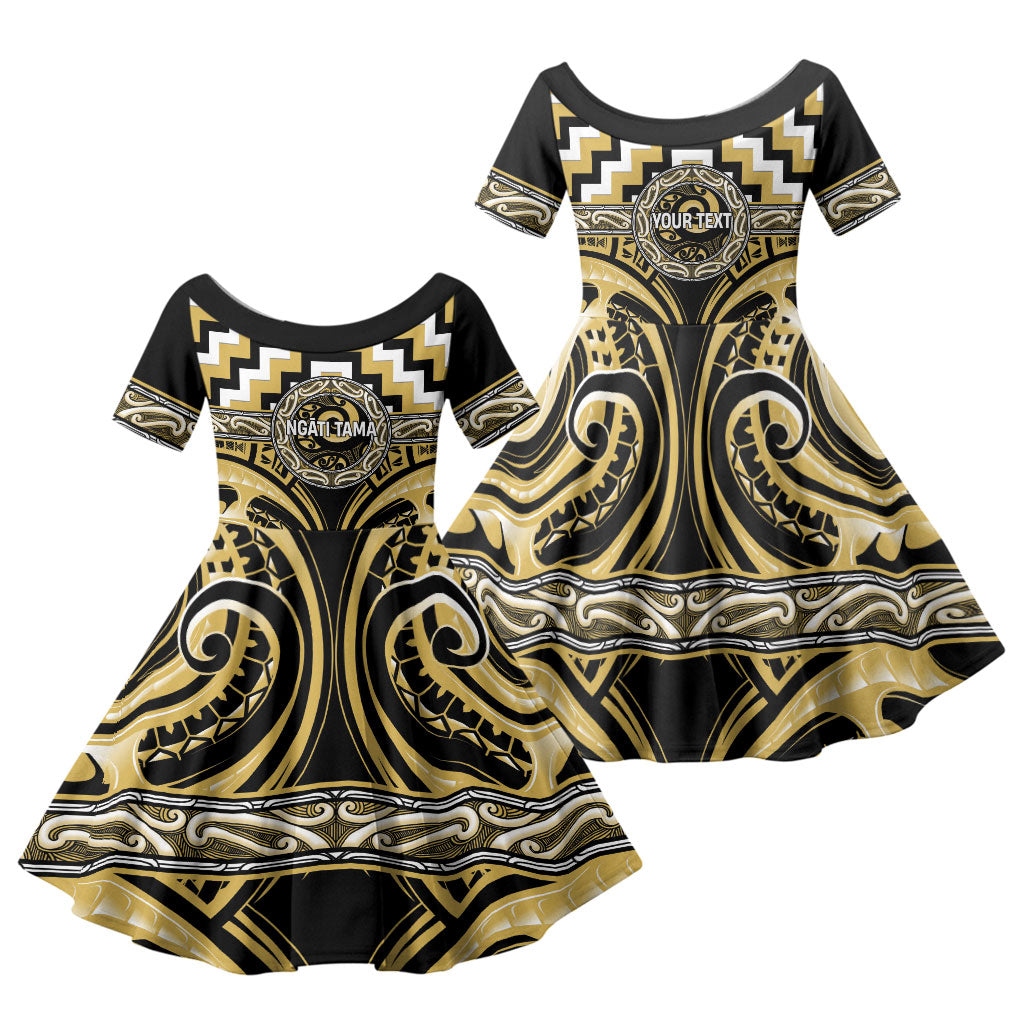 Aotearoa Ngati Tama Personalised Family Matching Off Shoulder Short Dress and Hawaiian Shirt Maori Iwi Poutama Puhoro Tattoo LT14 Daughter's Dress Yellow - Polynesian Pride