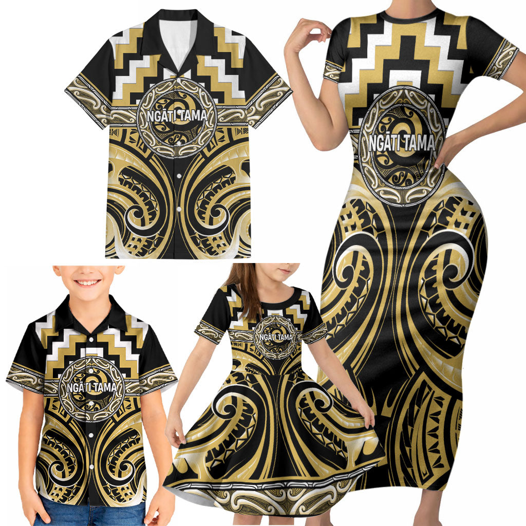 Aotearoa Ngati Tama Personalised Family Matching Short Sleeve Bodycon Dress and Hawaiian Shirt Maori Iwi Poutama Puhoro Tattoo LT14 - Polynesian Pride