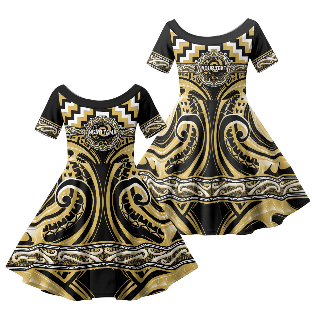 Aotearoa Ngati Tama Personalised Family Matching Summer Maxi Dress and Hawaiian Shirt Maori Iwi Poutama Puhoro Tattoo LT14 Daughter's Dress Yellow - Polynesian Pride