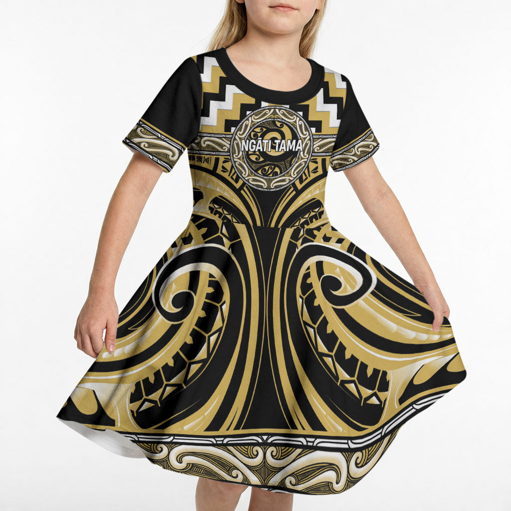 Aotearoa Ngati Tama Personalised Kid Short Sleeve Dress Maori Iwi Poutama Puhoro Tattoo LT14 - Polynesian Pride