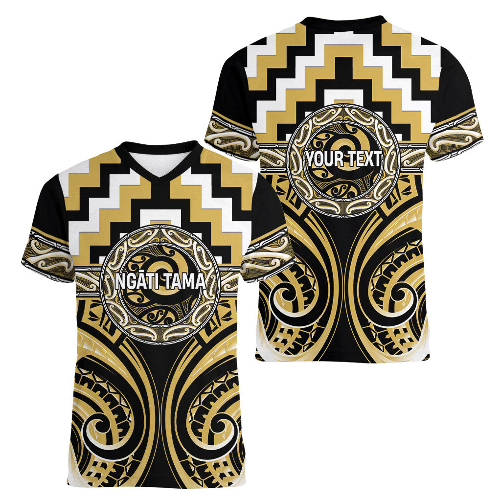 Aotearoa Ngati Tama Personalised Women V-Neck T-Shirt Maori Iwi Poutama Puhoro Tattoo LT14 - Polynesian Pride