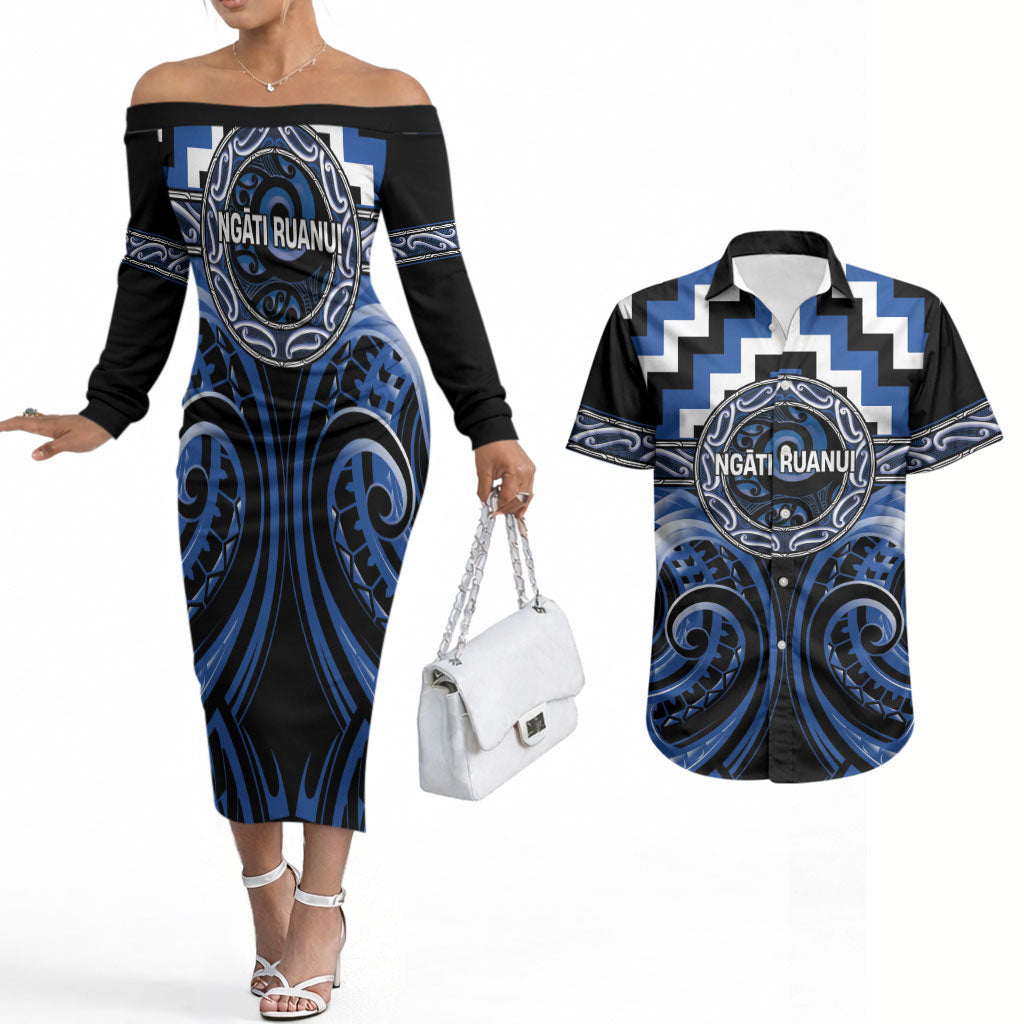 Aotearoa Ngati Ruanui Personalised Couples Matching Off The Shoulder Long Sleeve Dress and Hawaiian Shirt Maori Iwi Poutama Puhoro Tattoo LT14 Blue - Polynesian Pride