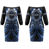 Aotearoa Ngati Ruanui Personalised Family Matching Off The Shoulder Long Sleeve Dress and Hawaiian Shirt Maori Iwi Poutama Puhoro Tattoo LT14 Mom's Dress Blue - Polynesian Pride