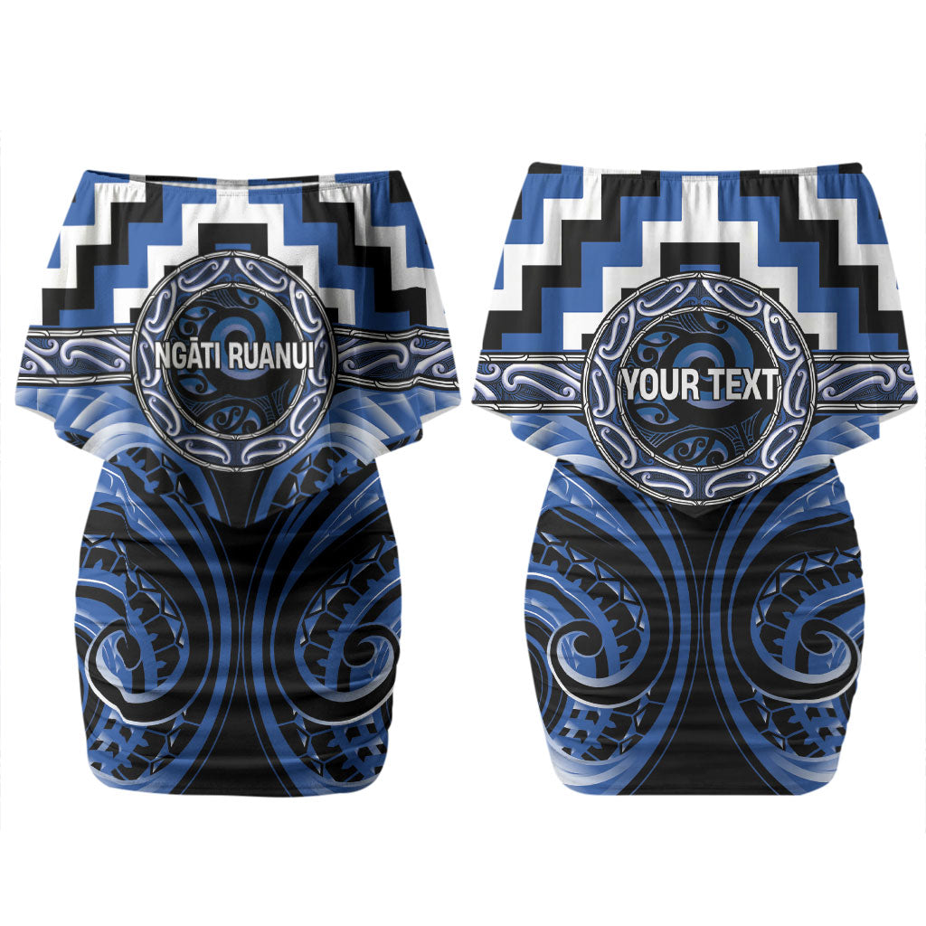 Aotearoa Ngati Ruanui Personalised Family Matching Off Shoulder Short Dress and Hawaiian Shirt Maori Iwi Poutama Puhoro Tattoo LT14 Mom's Dress Blue - Polynesian Pride