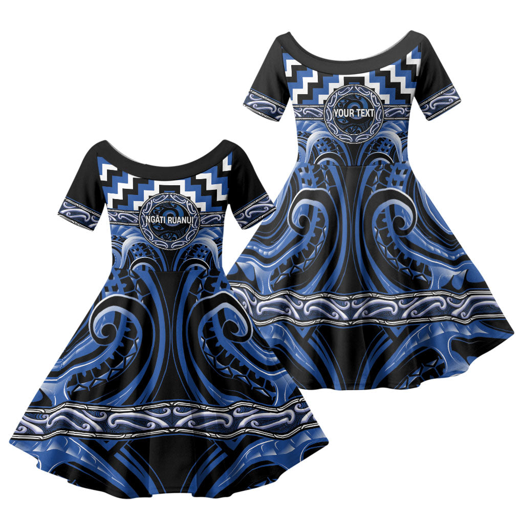 Aotearoa Ngati Ruanui Personalised Family Matching Short Sleeve Bodycon Dress and Hawaiian Shirt Maori Iwi Poutama Puhoro Tattoo LT14 Daughter's Dress Blue - Polynesian Pride