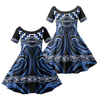 Aotearoa Ngati Ruanui Personalised Family Matching Summer Maxi Dress and Hawaiian Shirt Maori Iwi Poutama Puhoro Tattoo LT14 Daughter's Dress Blue - Polynesian Pride