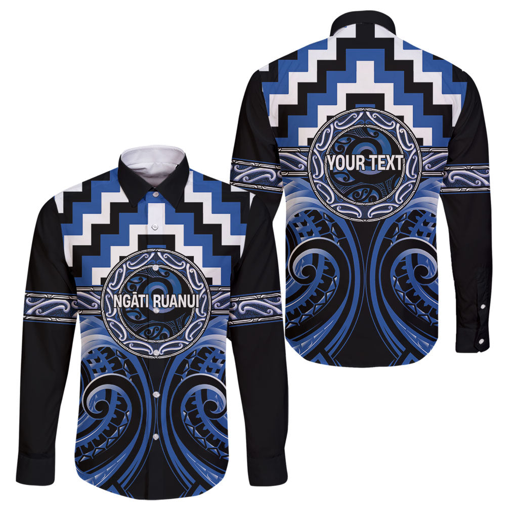 Aotearoa Ngati Ruanui Personalised Family Matching Tank Maxi Dress and Hawaiian Shirt Maori Iwi Poutama Puhoro Tattoo LT14 Dad's Shirt - Long Sleeve Blue - Polynesian Pride