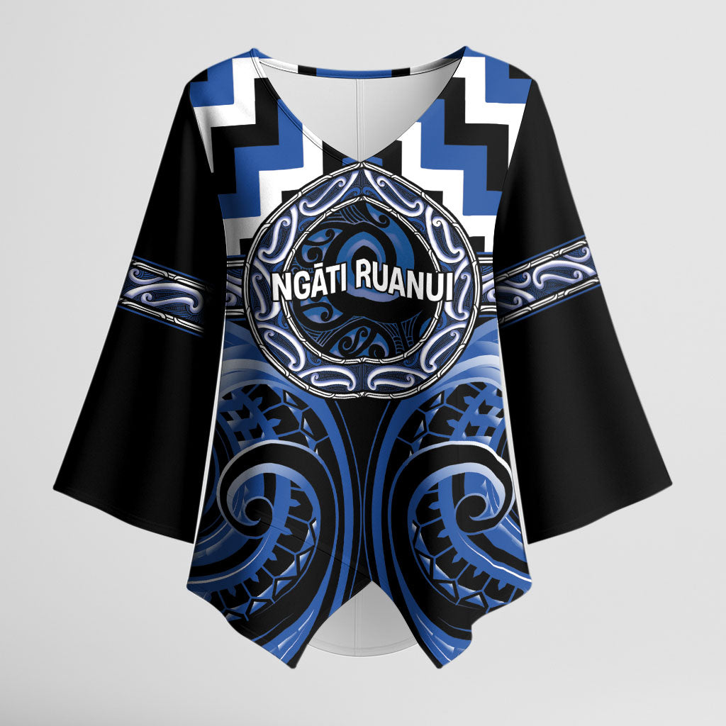 Aotearoa Ngati Ruanui Personalised Kimono Sleeve Blouse Maori Iwi Poutama Puhoro Tattoo LT14 Female Blue - Polynesian Pride
