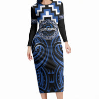 Aotearoa Ngati Ruanui Personalised Long Sleeve Bodycon Dress Maori Iwi Poutama Puhoro Tattoo LT14 Long Dress Blue - Polynesian Pride