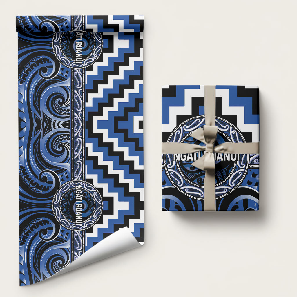 Aotearoa Ngati Ruanui Wrapping Paper Maori Iwi Poutama Puhoro Tattoo LT14 58" × 23" Blue - Polynesian Pride