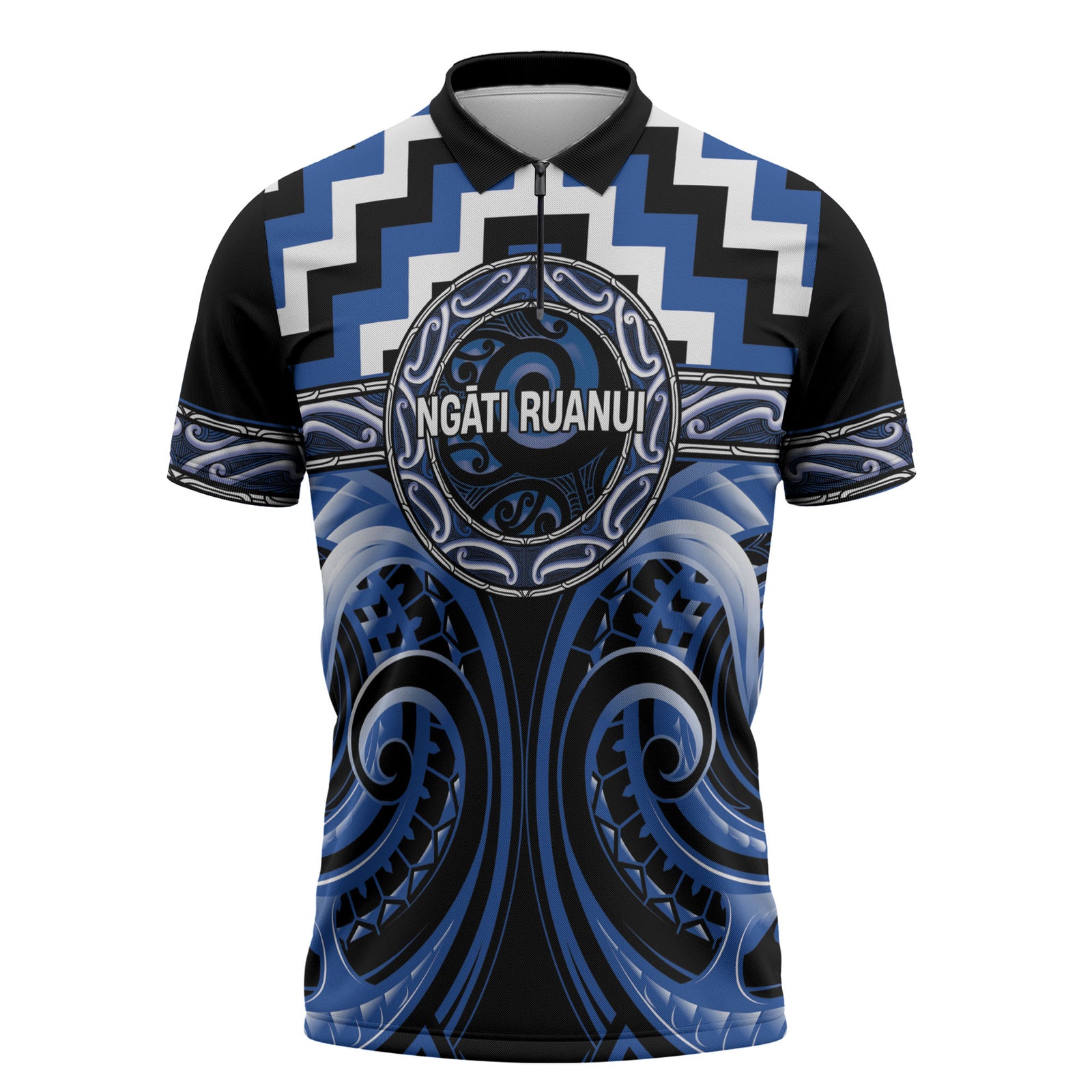Aotearoa Ngati Ruanui Personalised Zipper Polo Shirt Maori Iwi Poutama Puhoro Tattoo LT14 Blue - Polynesian Pride
