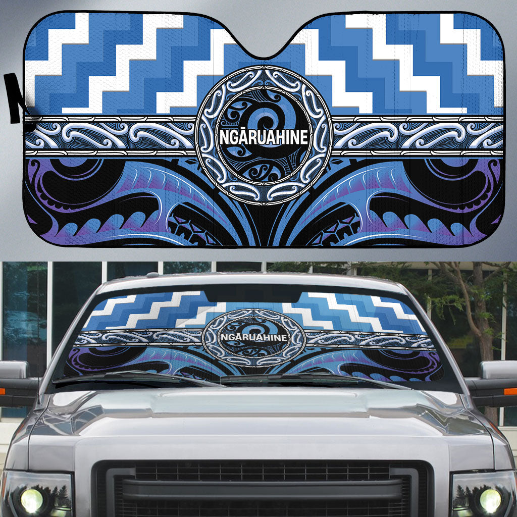 Aotearoa Ngaruahine Auto Sun Shade Maori Iwi Poutama Puhoro Tattoo LT14 Blue - Polynesian Pride