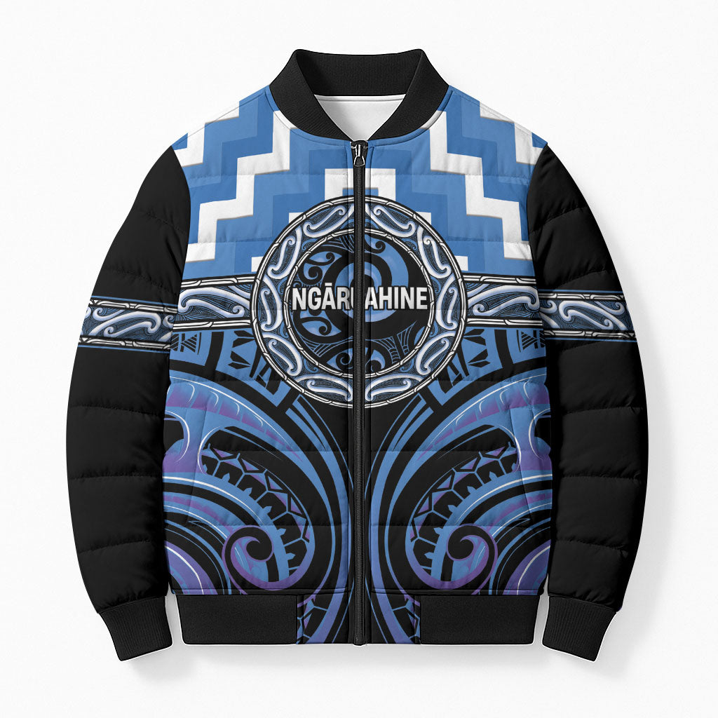 Aotearoa Ngaruahine Personalised Bomber Puffer Jacket Maori Iwi Poutama Puhoro Tattoo LT14 Unisex Blue - Polynesian Pride