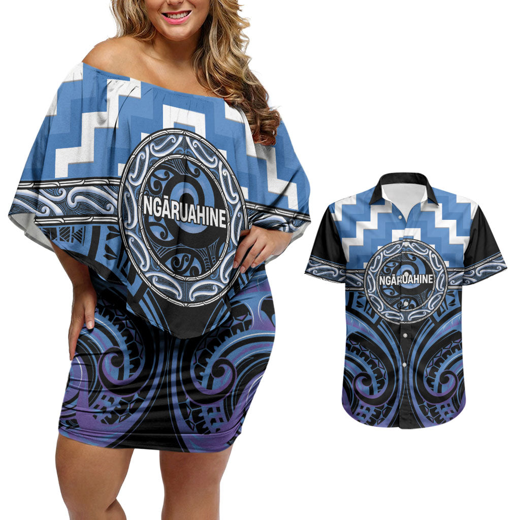 Aotearoa Ngaruahine Personalised Couples Matching Off Shoulder Short Dress and Hawaiian Shirt Maori Iwi Poutama Puhoro Tattoo LT14 Blue - Polynesian Pride