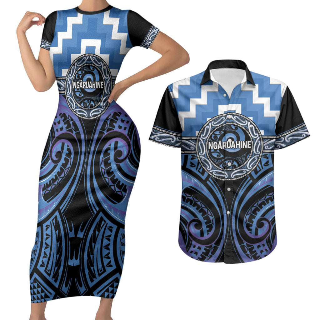 Aotearoa Ngaruahine Personalised Couples Matching Short Sleeve Bodycon Dress and Hawaiian Shirt Maori Iwi Poutama Puhoro Tattoo LT14 Blue - Polynesian Pride