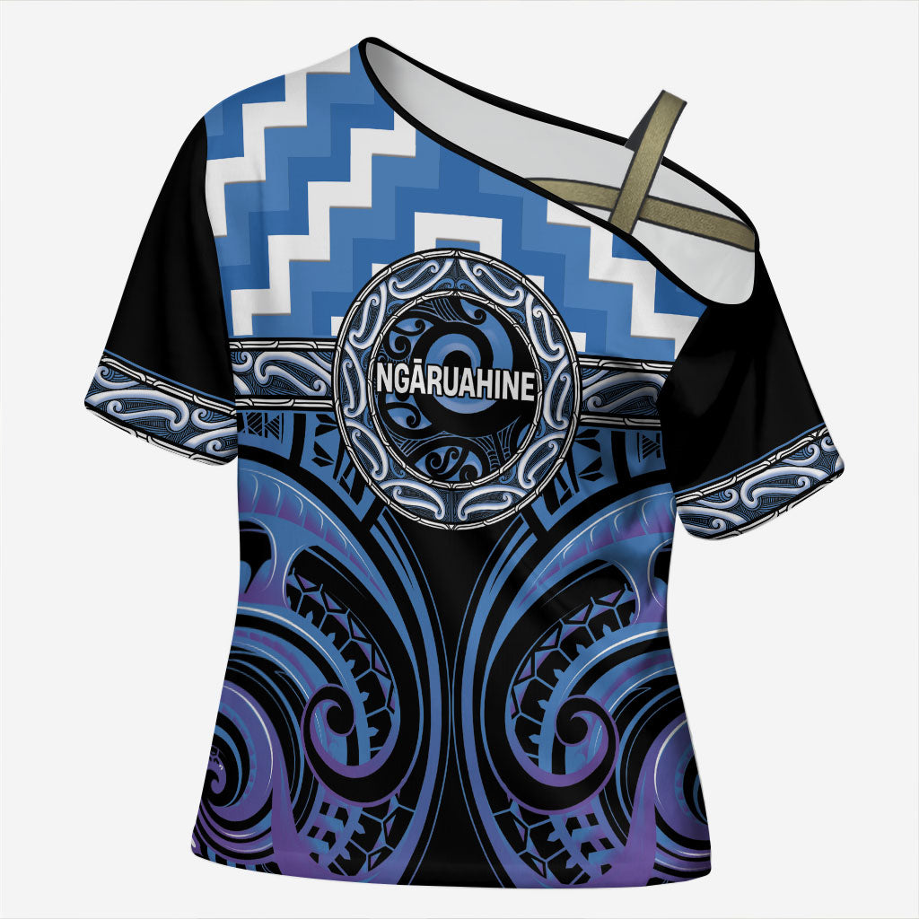 Aotearoa Ngaruahine Personalised Cross Shoulder Shirt Maori Iwi Poutama Puhoro Tattoo LT14 Female Blue - Polynesian Pride
