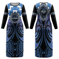 Aotearoa Ngaruahine Personalised Family Matching Long Sleeve Bodycon Dress and Hawaiian Shirt Maori Iwi Poutama Puhoro Tattoo LT14 Mom's Dress Blue - Polynesian Pride